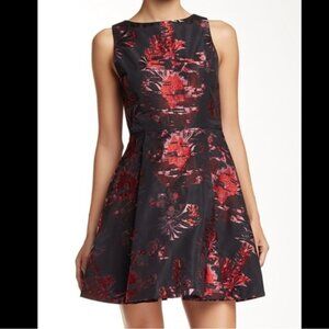 Alice + Olivia Red Black Floral Fit & Flare Dress XS V-Back Party Cocktail